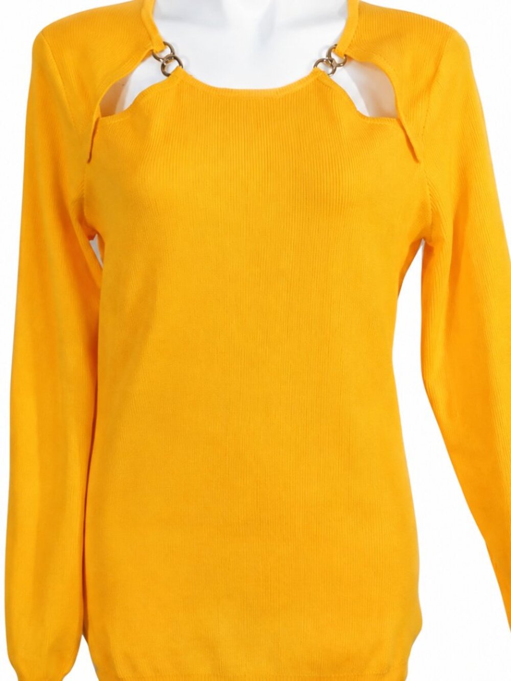 Plus Size 0X Womens Yellow Cutout Sweater Gold Ring Detail Long Sleeve Knit